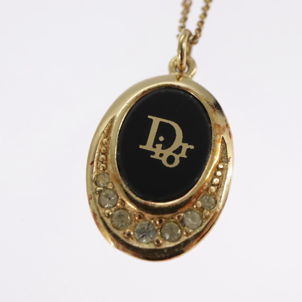 Christian Dior Vintage Logo Round Pendant Necklace Metal and Crystals, GOLD, METAL, Necklace