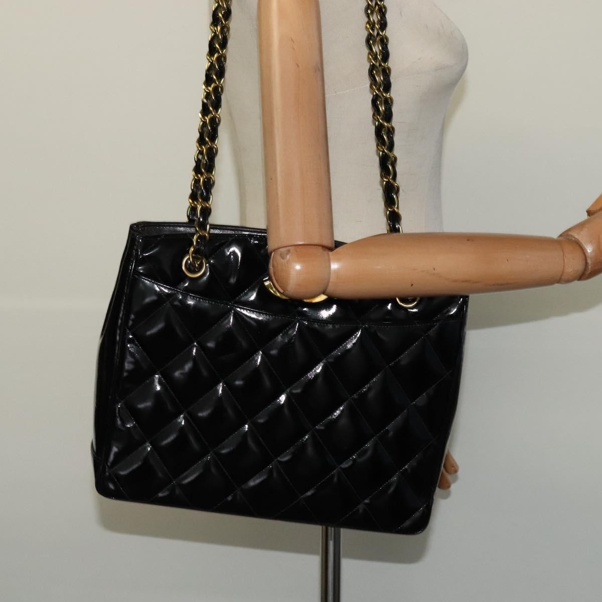 Chanel Vintage Chain Tote Quilted Patent, BLACK, LEATHER, Shoulder bag