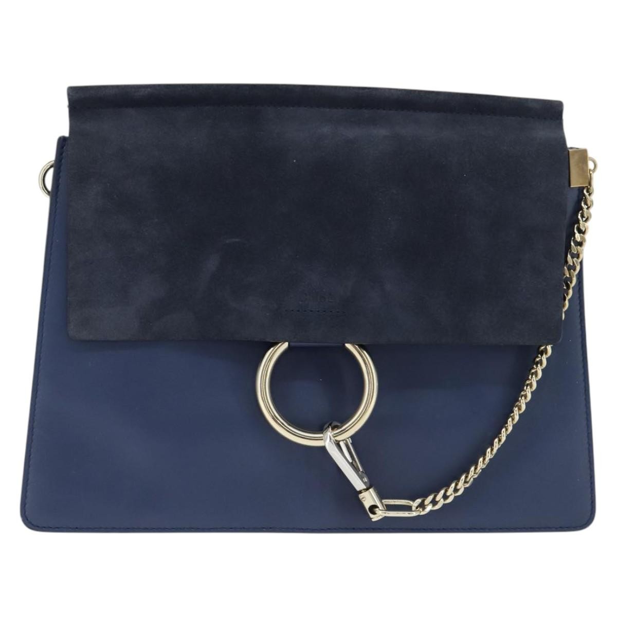 Chloe Faye Shoulder Bag Leather and Suede, NAVY, LEATHER, Shoulder bag