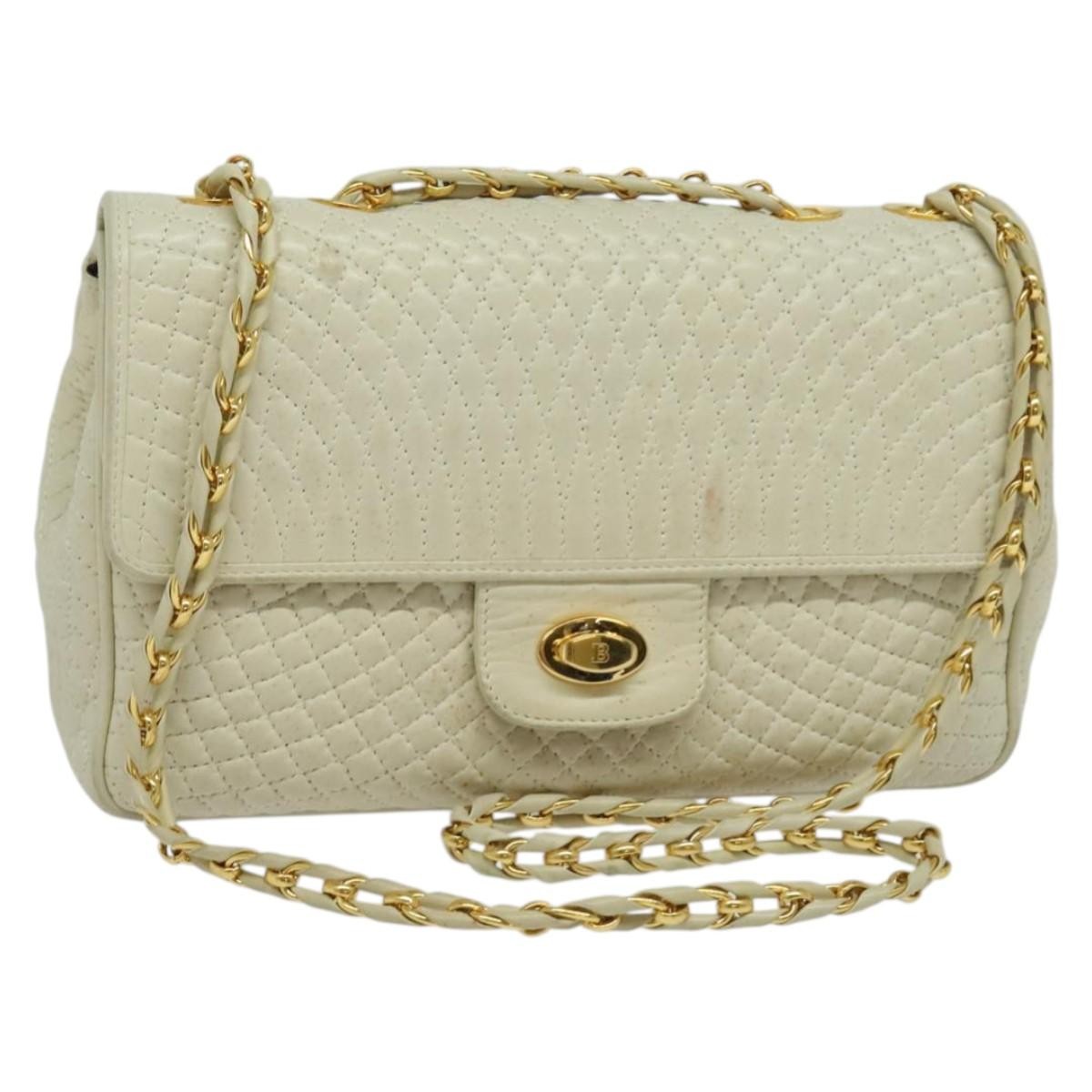 Bally Vintage Chain Shoulder Bag Quilted Leather, WHITE, LEATHER, Shoulder bag