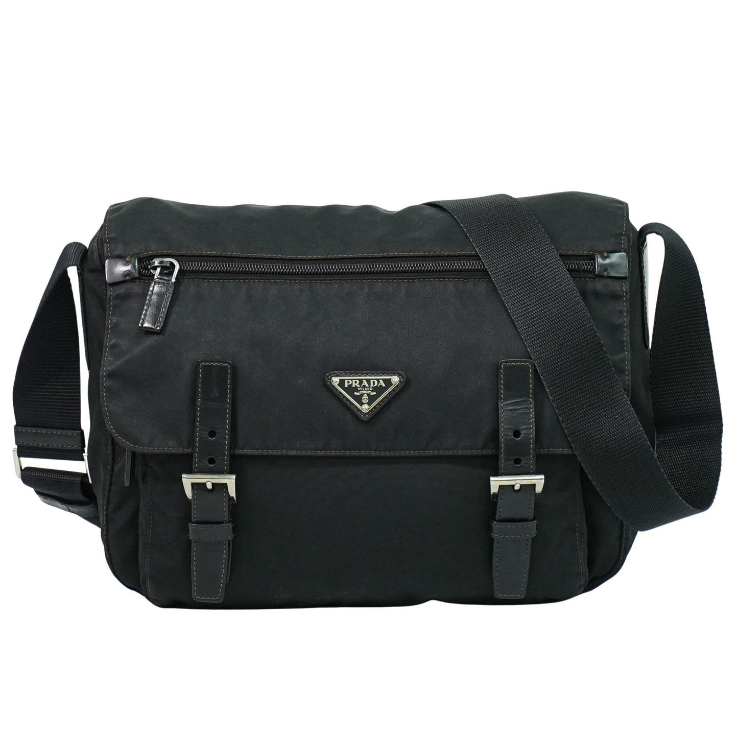 Prada Zip Buckle Messenger Bag Tessuto, BLACK, NYLON, Shoulder bag