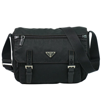Prada Zip Buckle Messenger Bag Tessuto, BLACK, NYLON, Shoulder bag