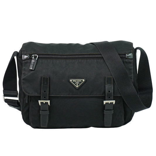 Prada Zip Buckle Messenger Bag Tessuto, BLACK, NYLON, Shoulder bag