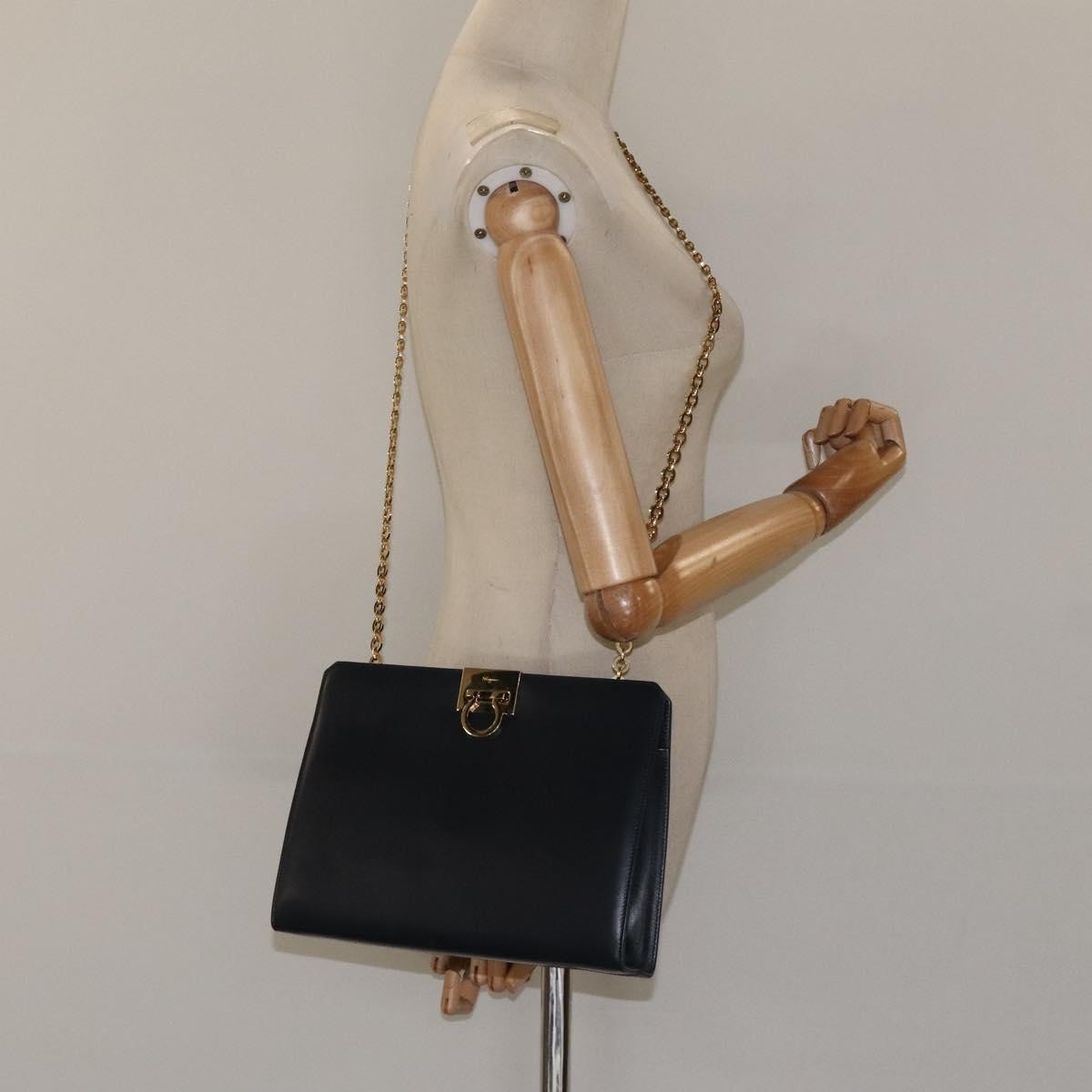 Salvatore Ferragamo Vintage Gancini Chain Shoulder Bag Leather, NAVY, LEATHER, Shoulder bag