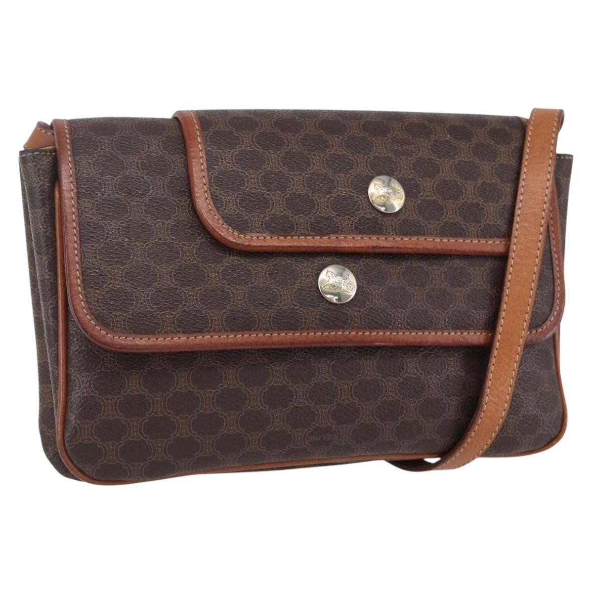 Celine Vintage Macadam Shoulder Bag Canvas and Leather, BROWN, CANVAS, Shoulder bag