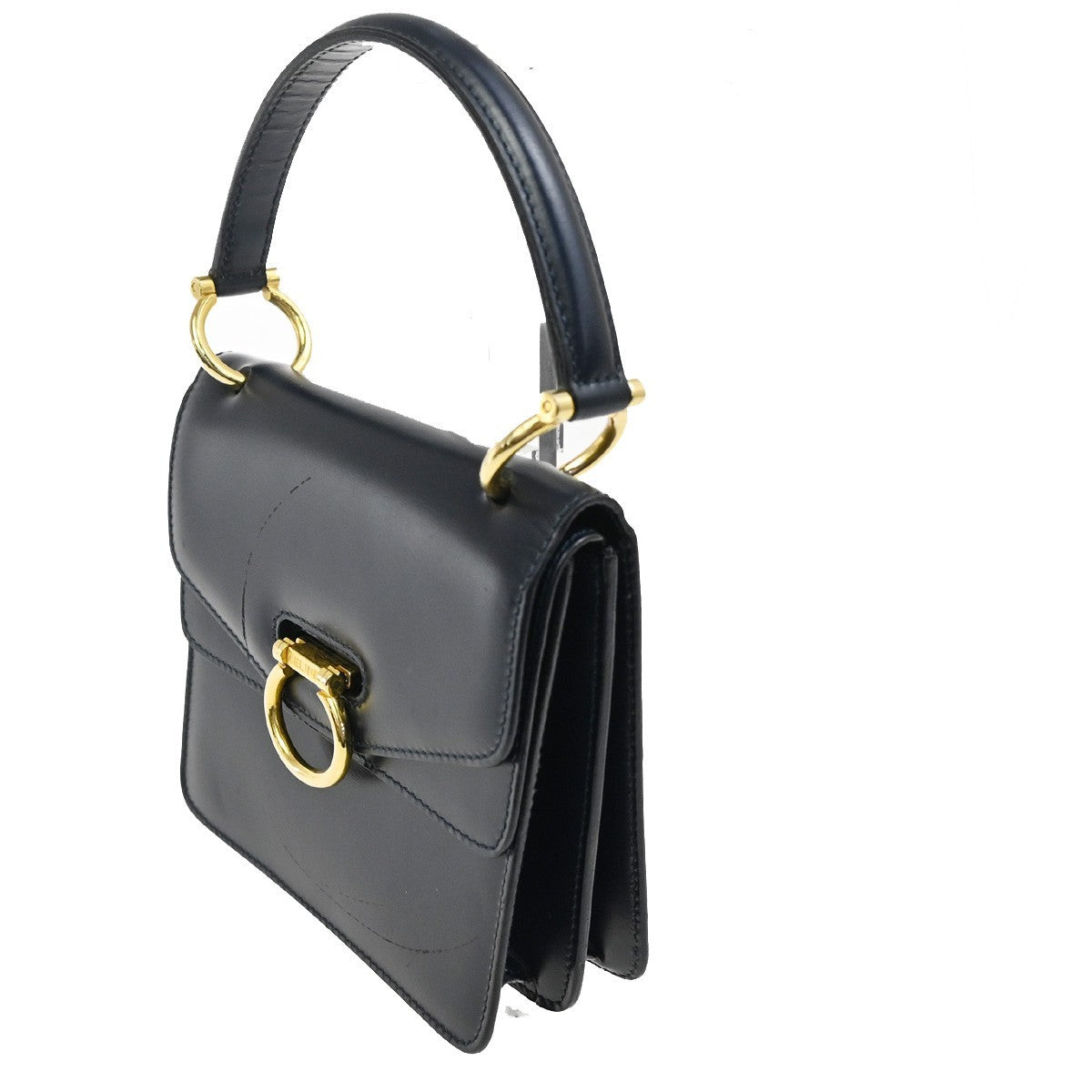 Celine Gancini Handbag Leather, NAVY, LEATHER, Handbag