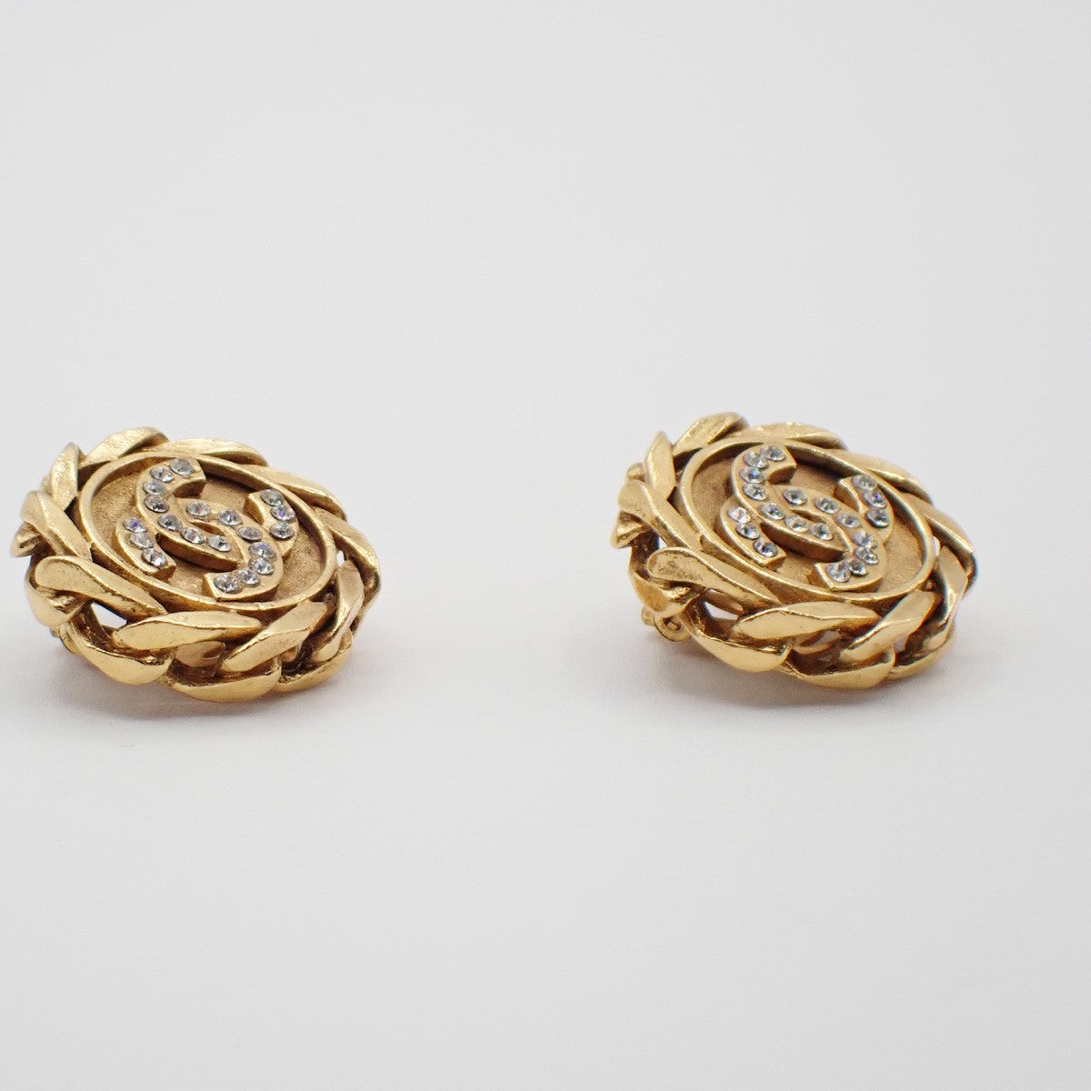 Chanel Vintage CC Round Clip-On Earrings Metal with Crystals, Gold, Gold Plated, Earrings