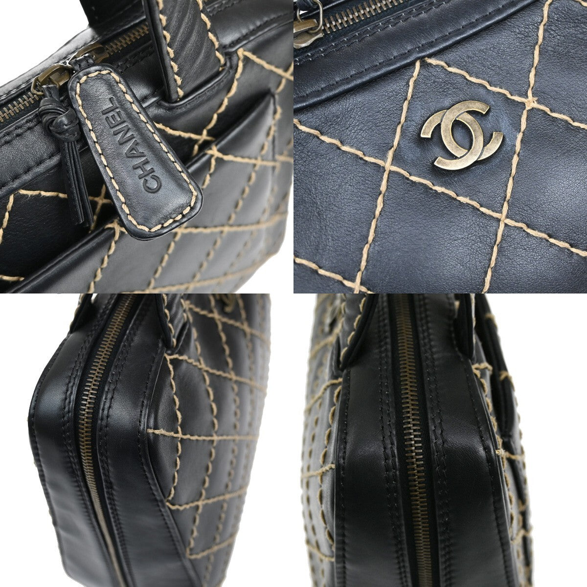 Chanel Surpique Zip Around Satchel Quilted Leather, BLACK, LEATHER, Tote bag