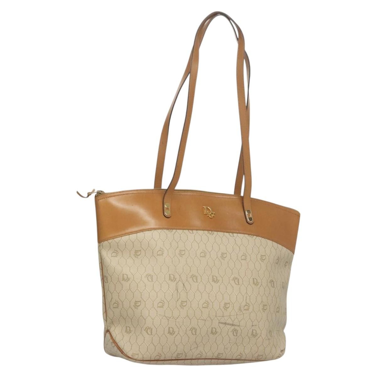 Christian Dior Vintage Honeycomb Tote Bag Canvas and Leather, BEIGE, CANVAS, Tote bag