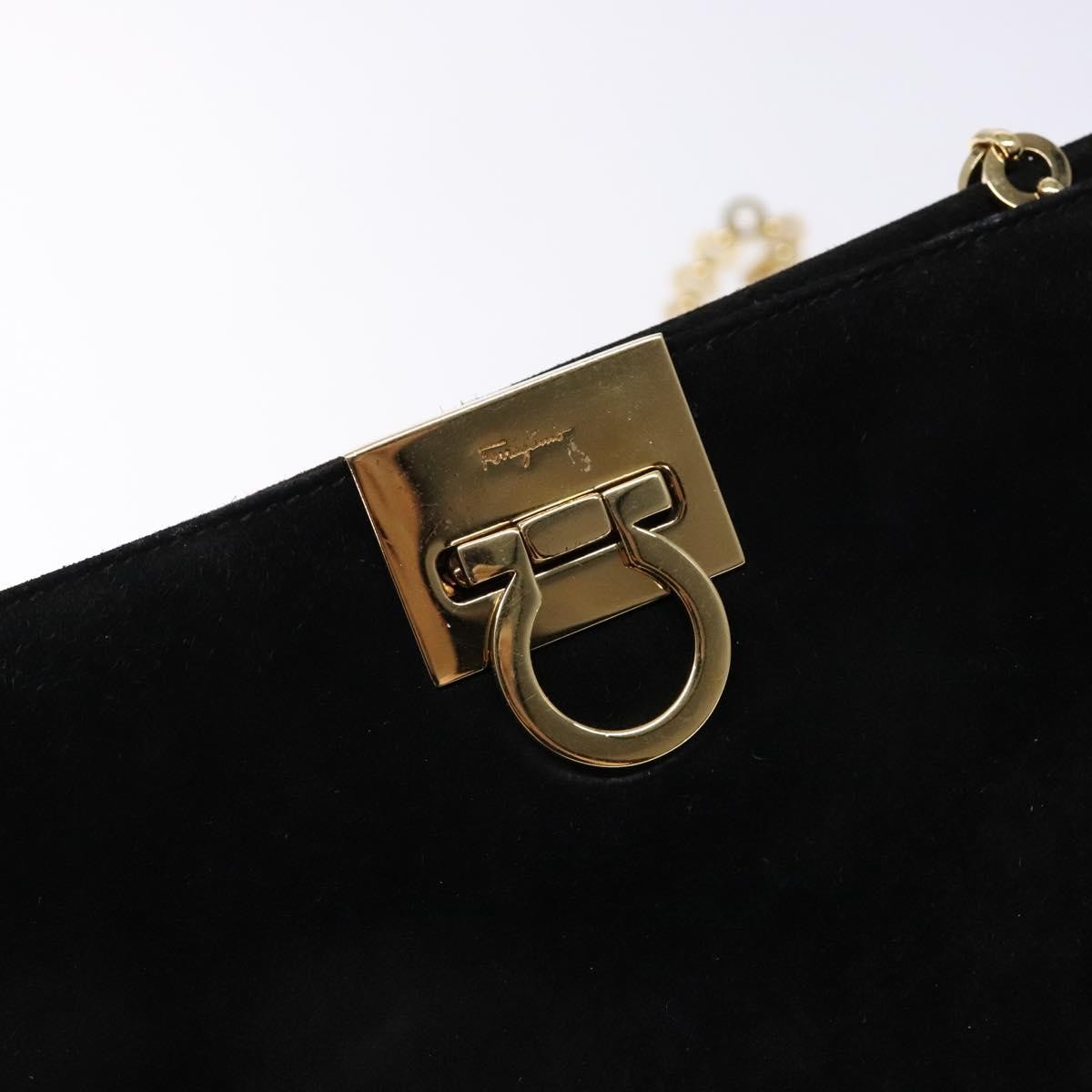 Salvatore Ferragamo Gancini Chain Shoulder Bag Suede, BLACK, SUEDE, Shoulder bag