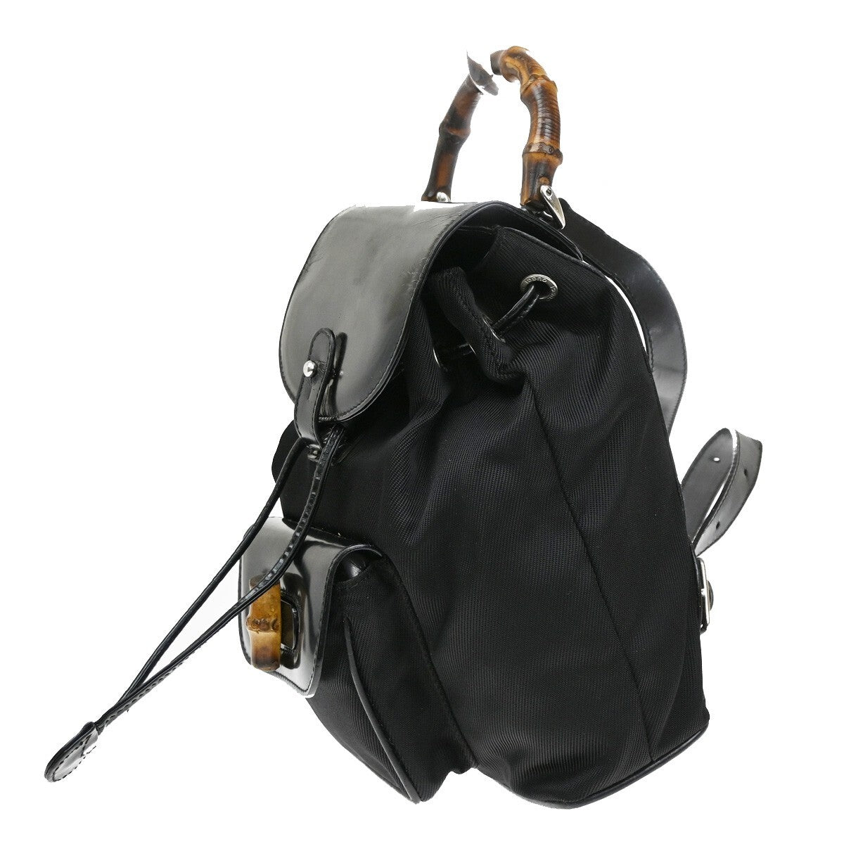 Gucci Vintage Bamboo Backpack Nylon and Patent Leather, BLACK, NYLON, Backpack