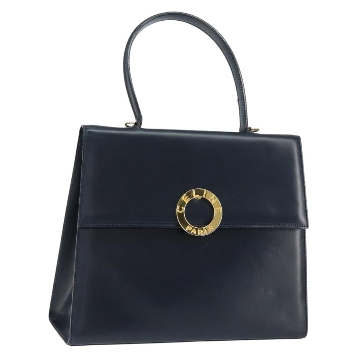 Celine Circle Logo Handbag Leather, NAVY, LEATHER, Handbag