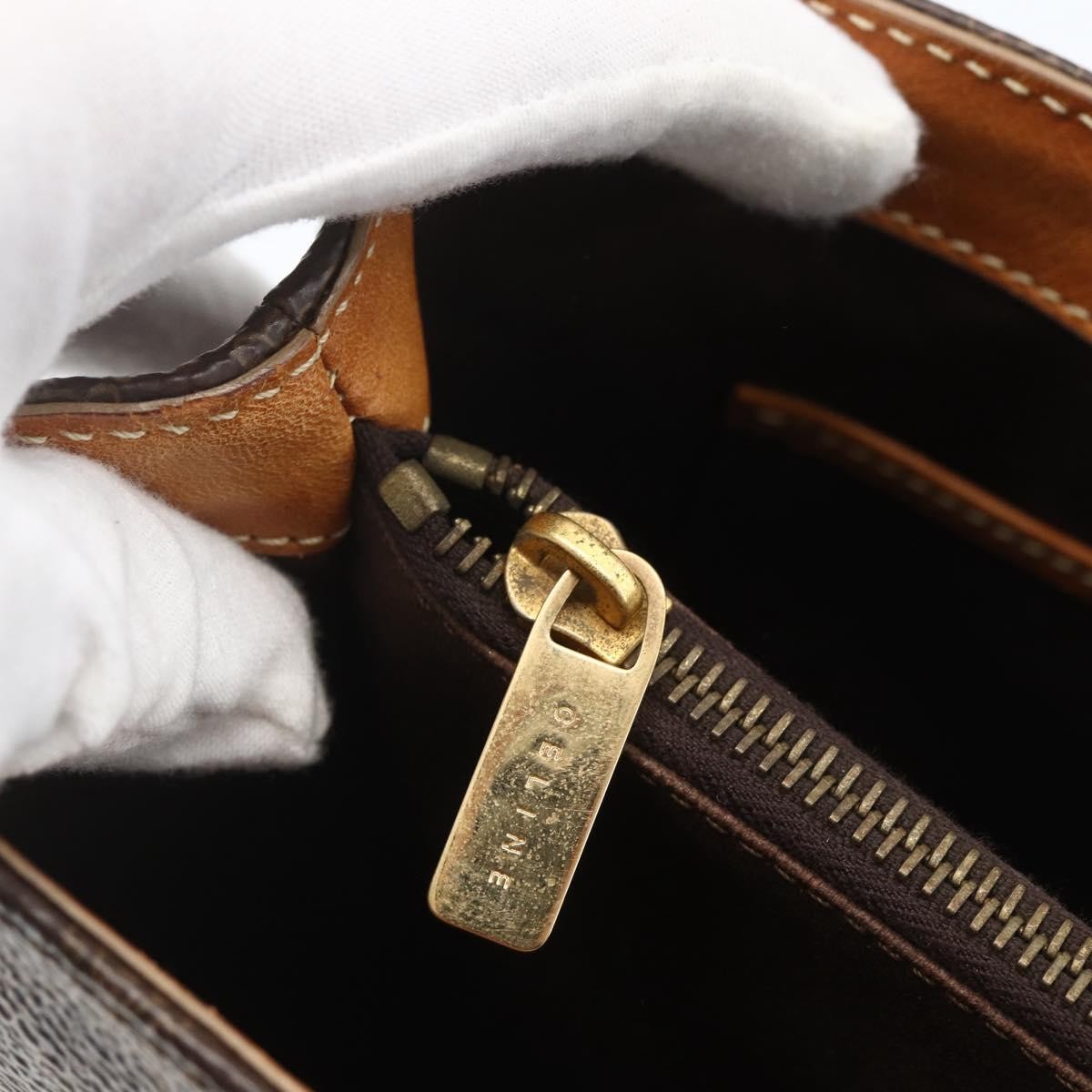 Celine Vintage Macadam Handbag Canvas and Leather, BROWN, CANVAS, Handbag