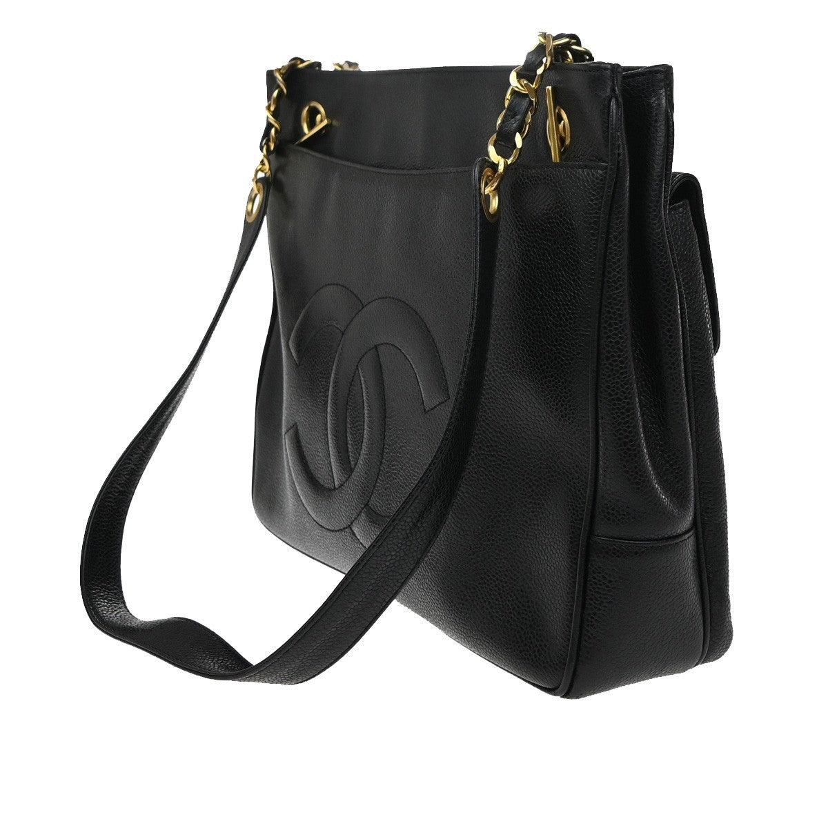 Chanel Vintage Front Pocket Shoulder Bag Leather, BLACK, CALFSKIN, Shoulder bag