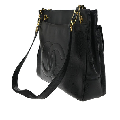 Chanel Vintage Front Pocket Shoulder Bag Leather, BLACK, CALFSKIN, Shoulder bag