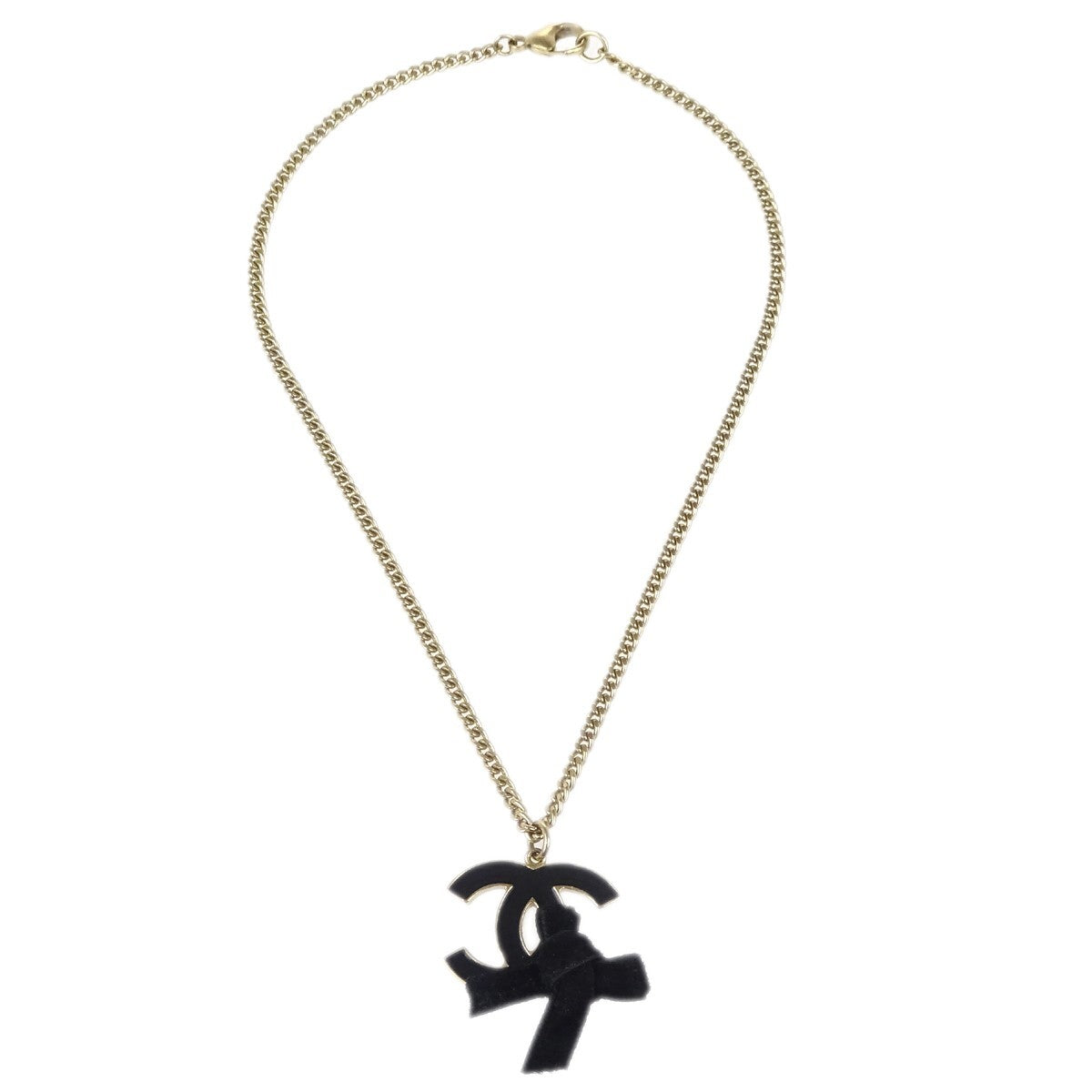 Chanel CC Bow Chain Pendant Necklace Metal with Leather, GOLD, GOLD_PLATED, Necklace