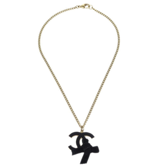 Chanel CC Bow Chain Pendant Necklace Metal with Leather, GOLD, GOLD_PLATED, Necklace