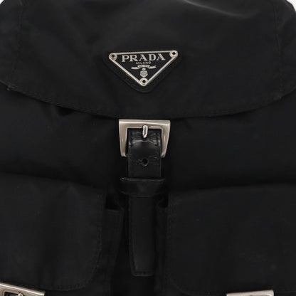 Prada Vela Double Front Pocket Backpack Tessuto with Saffiano Leather, BLACK, NYLON, Backpack