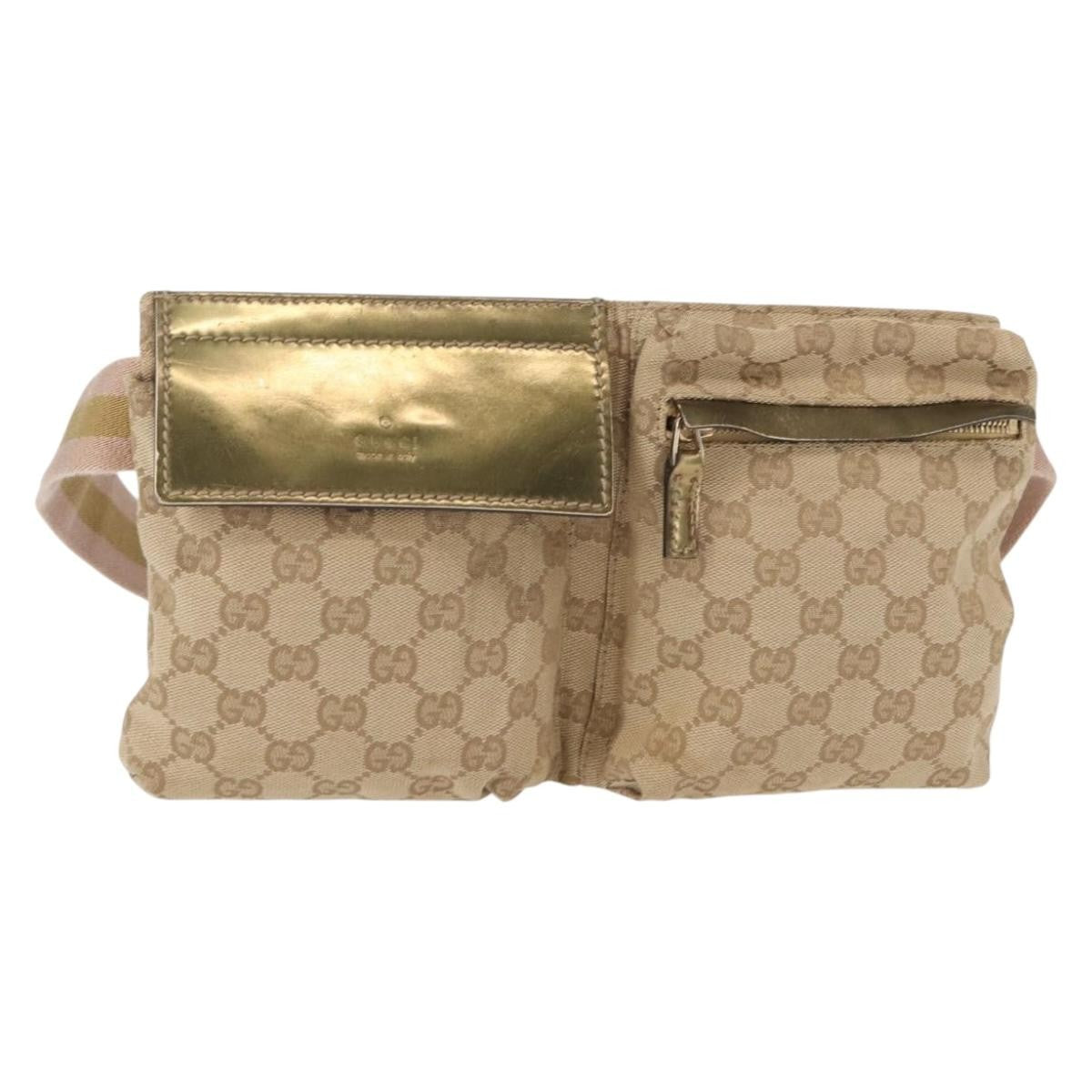 Gucci Vintage Double Belt Bag GG Canvas with Leather, BEIGE, CANVAS, Shoulder bag