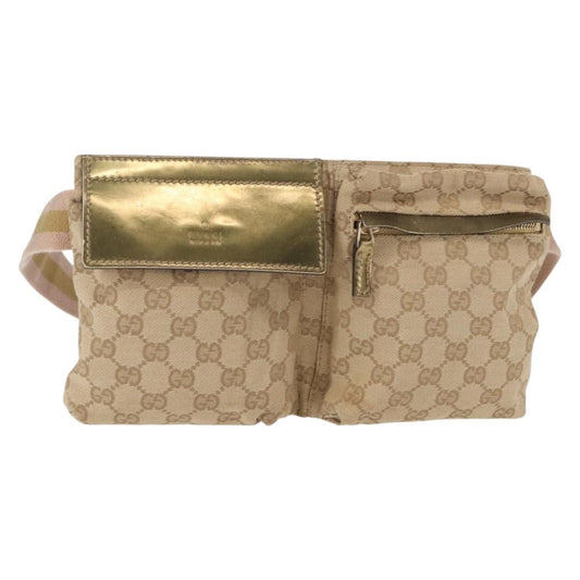 Gucci Vintage Double Belt Bag GG Canvas with Leather, BEIGE, CANVAS, Shoulder bag