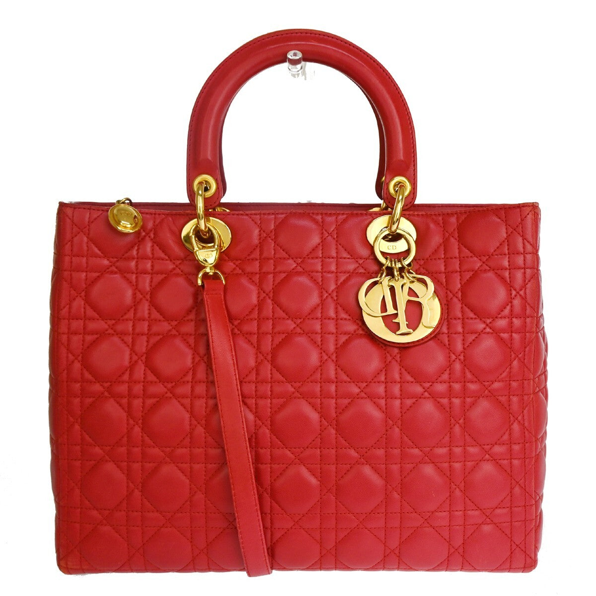 Christian Dior Vintage Lady Dior Bag Cannage Quilt Lambskin, Red, Leather, Handbag