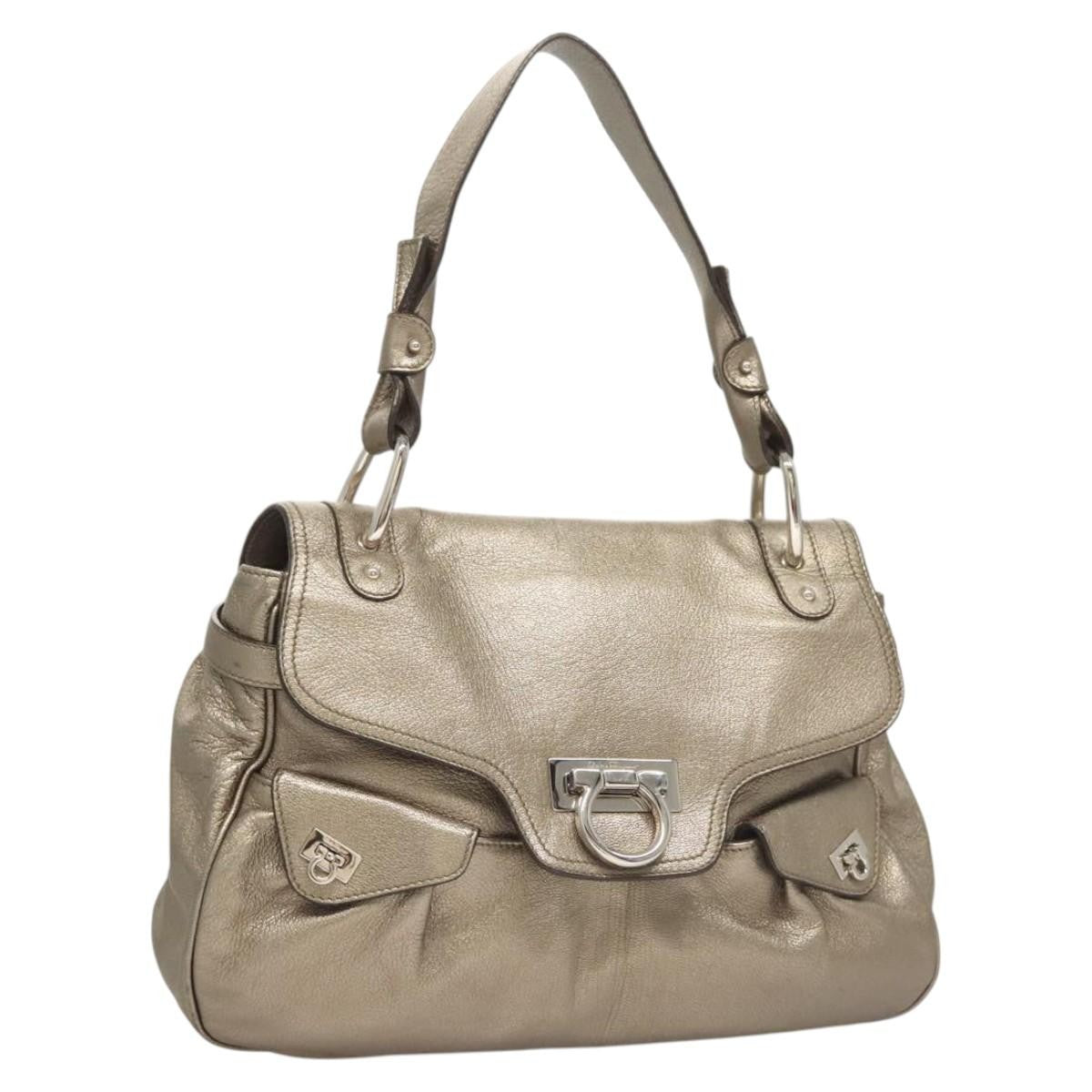 Salvatore Ferragamo Gancini Shoulder Bag Leather, GOLD, LEATHER, Shoulder bag