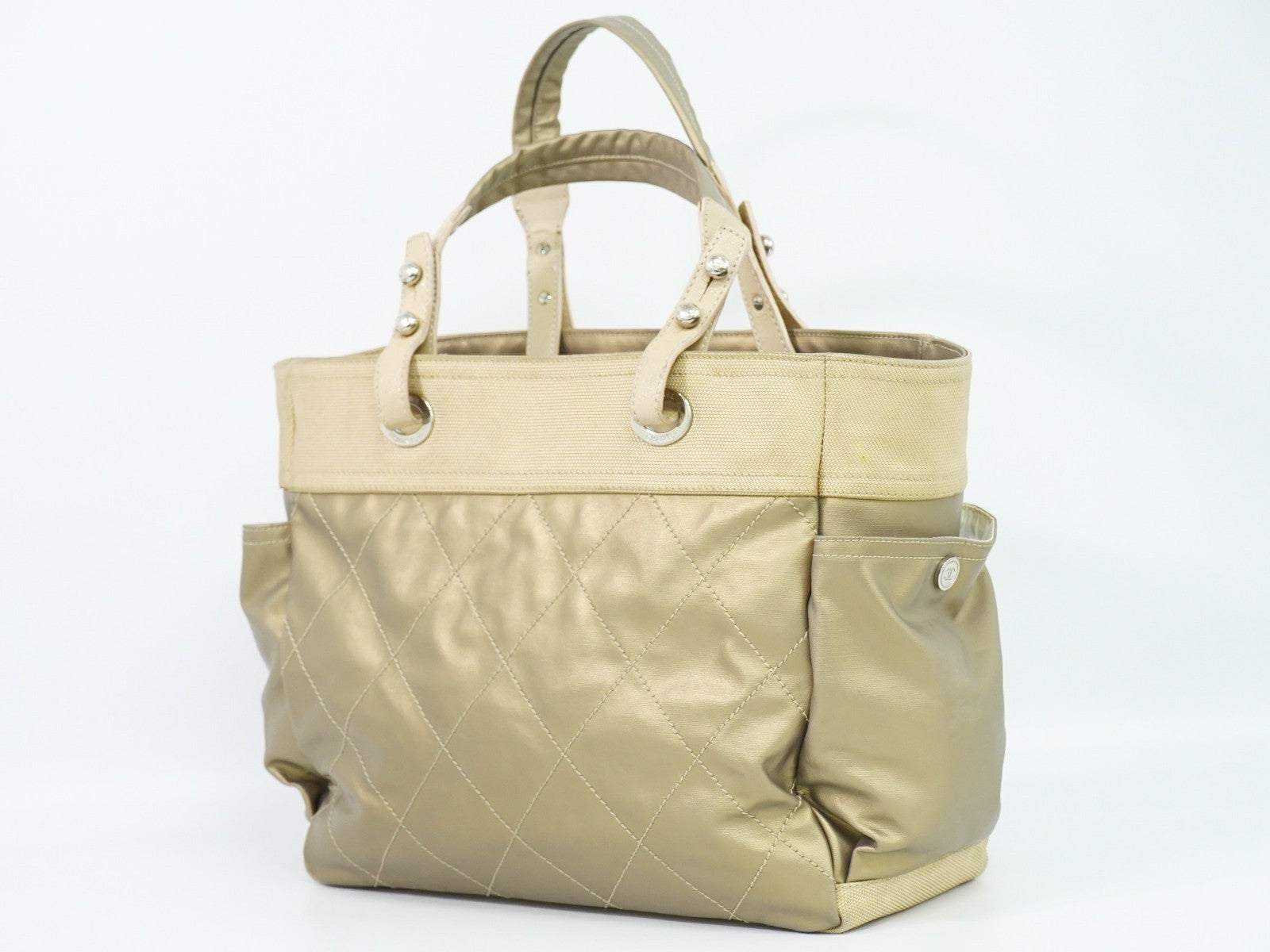 Chanel Biarritz Pocket Tote Quilted Coated Canvas, GOLD, CANVAS, Tote bag