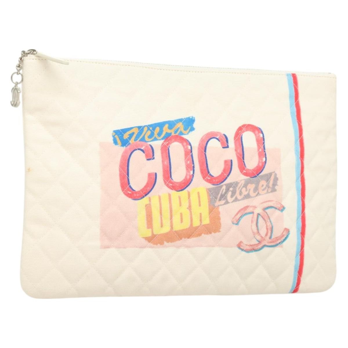 Chanel Coco Cuba Pouch Printed Quilted Canvas, WHITE, CANVAS, Clutche & pouche