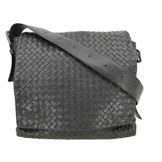 Bottega Veneta Square Flap Messenger Bag Intrecciato Nappa, BLACK, LEATHER, Shoulder bag