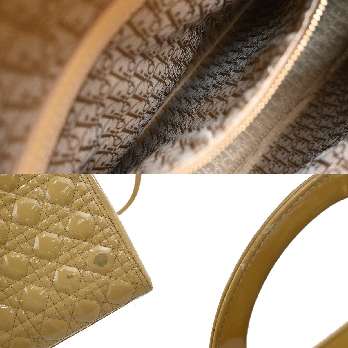Christian Dior Lady Dior Bag Cannage Quilt Patent, Yellow, Patent Leather, Handbag