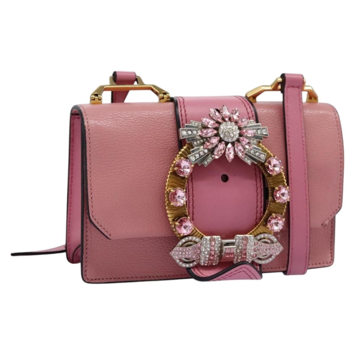 Miu Miu Madras Crystal Buckle Shoulder Bag Leather, PINK, LEATHER, Shoulder bag
