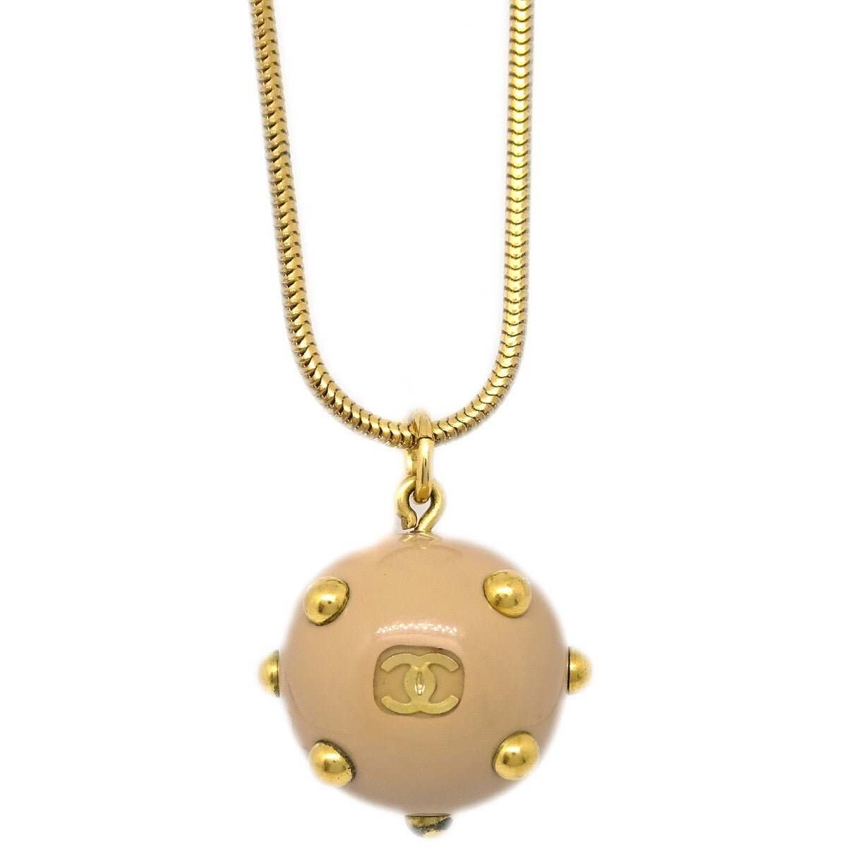 Chanel Vintage CC Ball Pendant Necklace Metal and Enamel, BEIGE, GOLD_PLATED, Necklace
