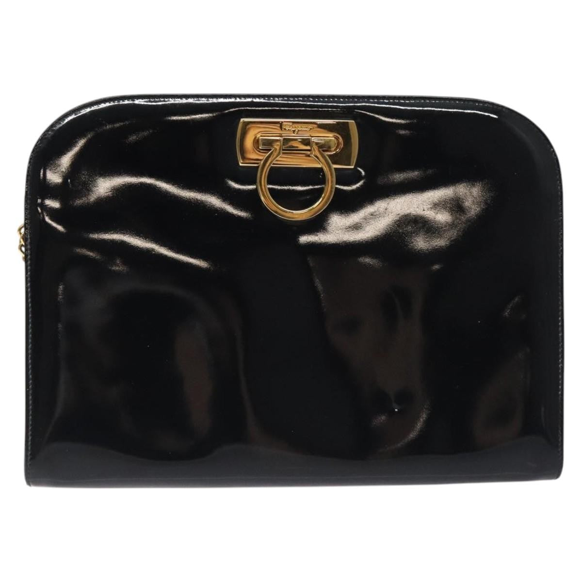 Salvatore Ferragamo Vintage Gancini Chain Shoulder Bag Leather, BLACK, PATENT_LEATHER, Shoulder bag