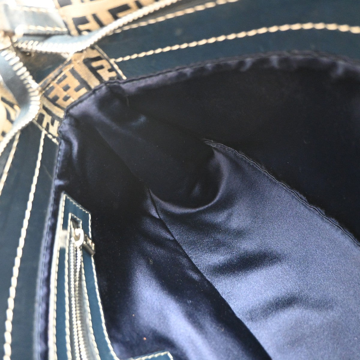 Fendi Vintage Flap Shoulder Bag Zucchino Canvas with Leather, NAVY, CANVAS, Shoulder bag