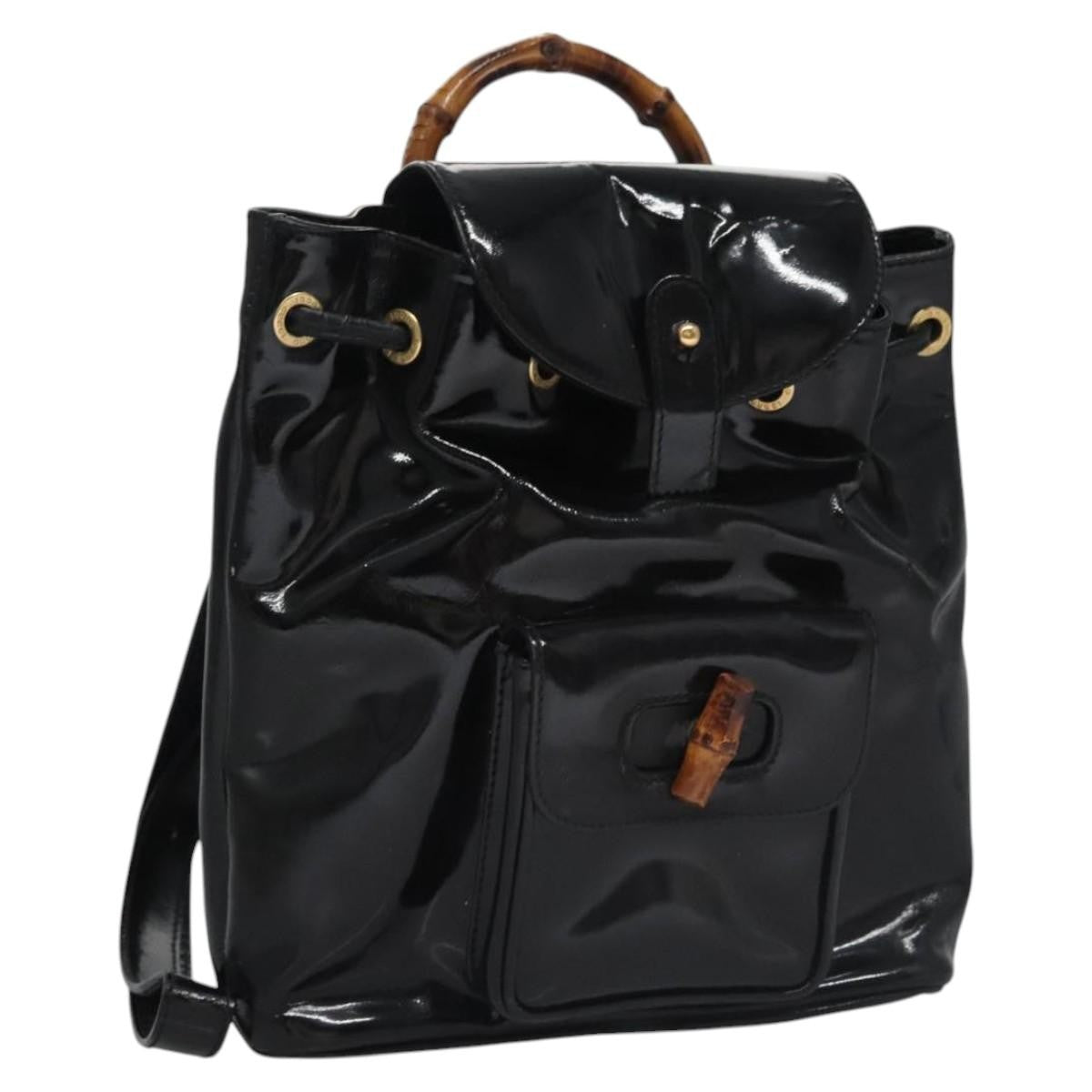 Gucci Vintage Bamboo Backpack Patent, Black, Patent Leather, Backpack
