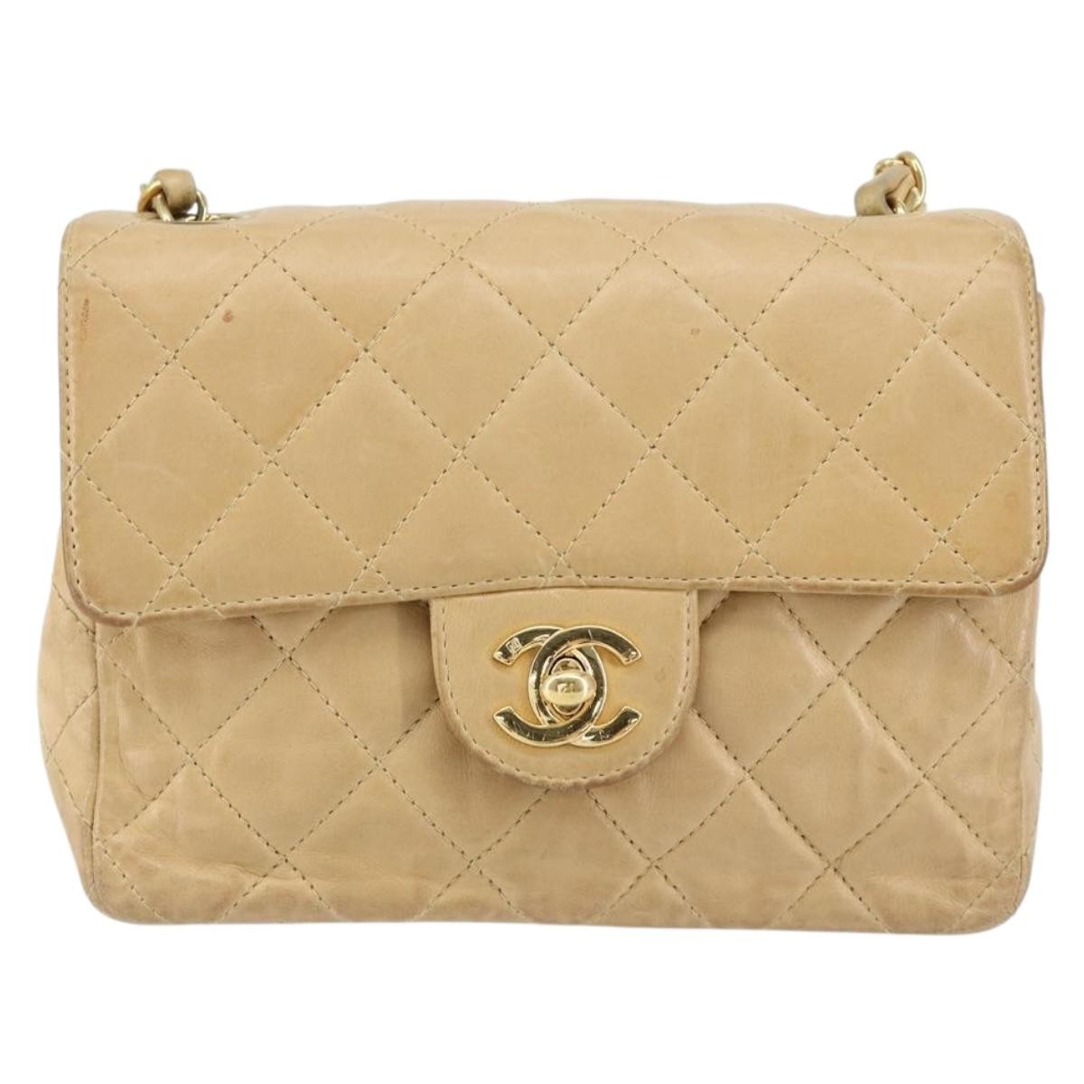 Chanel Vintage Square Classic Single Flap Bag Quilted Lambskin, BEIGE, LEATHER, Shoulder bag