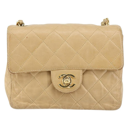 Chanel Vintage Square Classic Single Flap Bag Quilted Lambskin, BEIGE, LEATHER, Shoulder bag