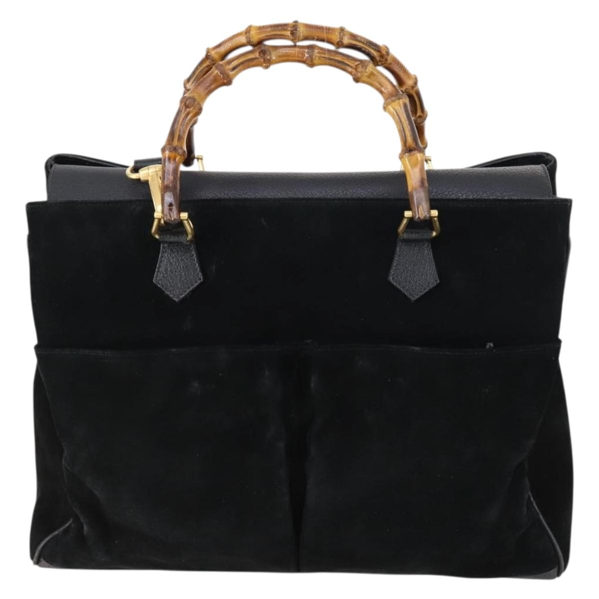 Gucci Vintage Bamboo Handle Bag Suede, BLACK, SUEDE, Handbag