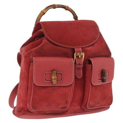 Gucci Vintage Bamboo Backpack Suede and Leather, Red, Suede, Backpack