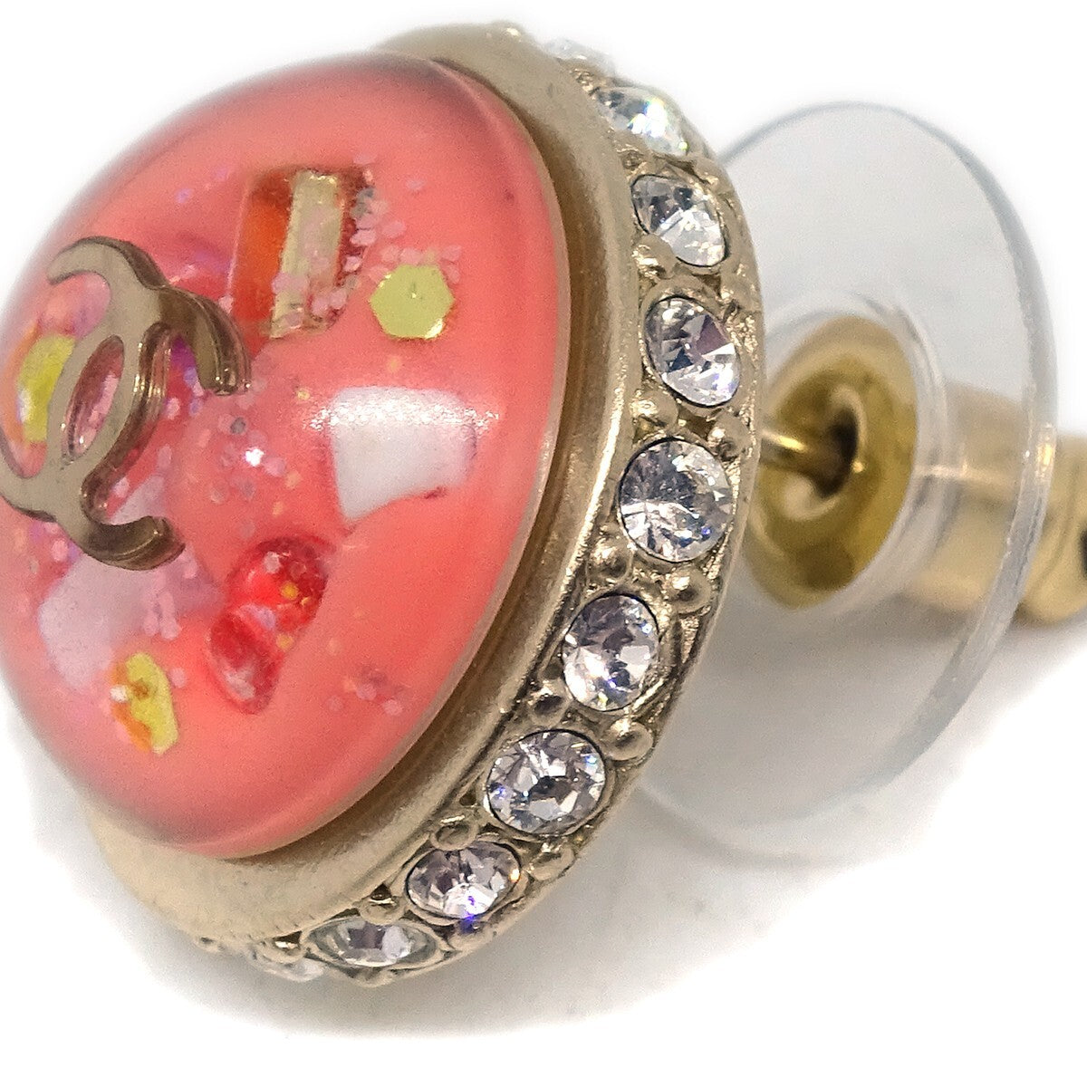 Chanel CC Logo Button Stud Earrings Metal with Crystals, Pink, Plastic, Earrings