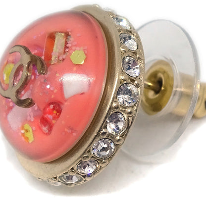 Chanel CC Logo Button Stud Earrings Metal with Crystals, Pink, Plastic, Earrings