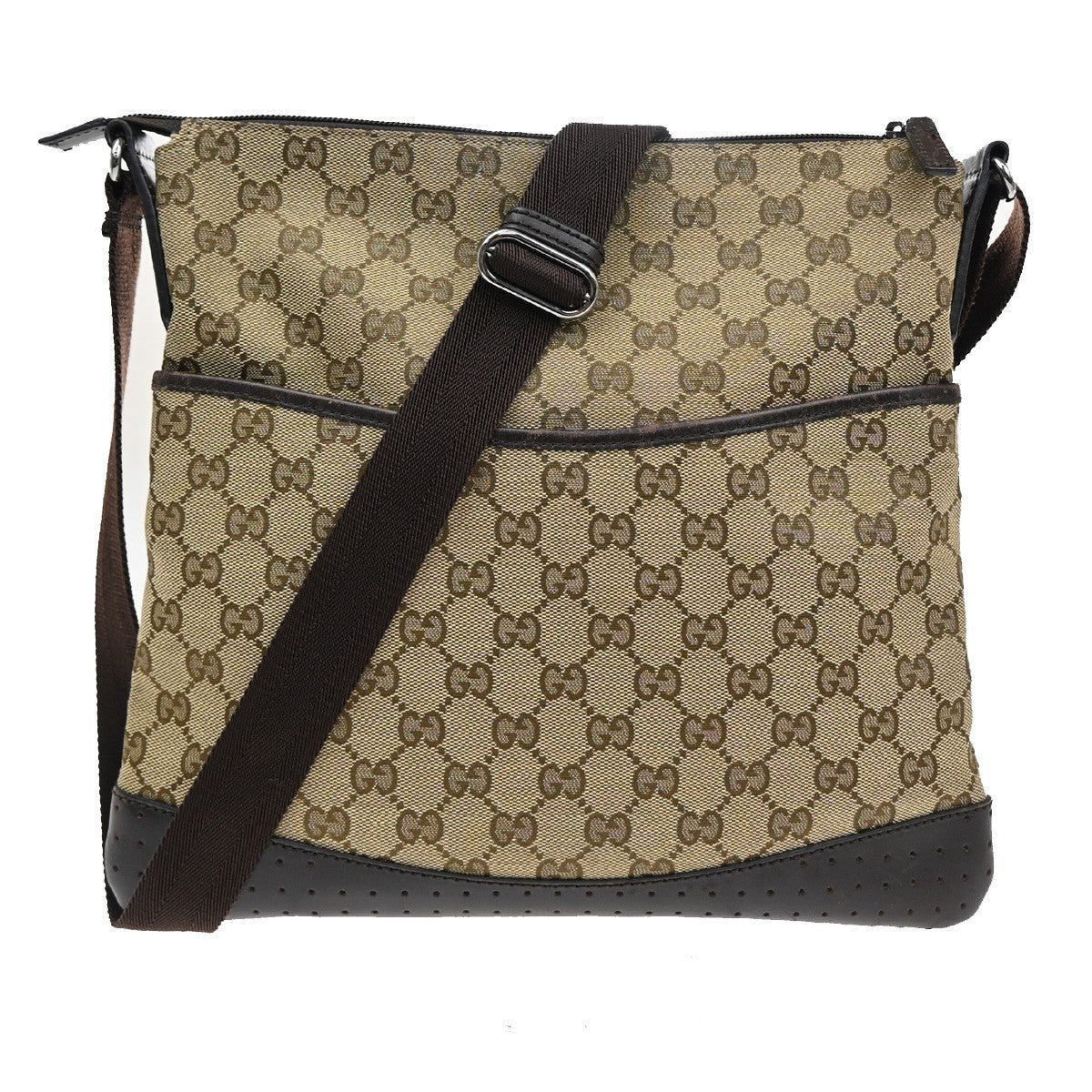 Gucci Zip Messenger Bag GG Canvas with Perforated Leather, BROWN, CANVAS, Shoulder bag