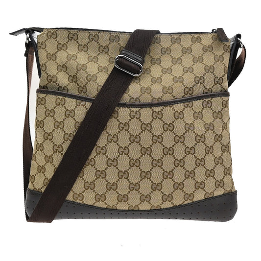 Gucci Zip Messenger Bag GG Canvas with Perforated Leather, BROWN, CANVAS, Shoulder bag