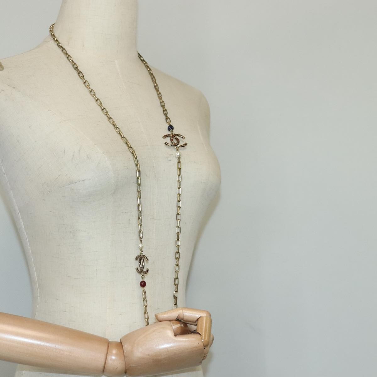 Chanel Vintage Double Strand CC Pendant Necklace Metal with Crystals, GOLD, METAL, Necklace