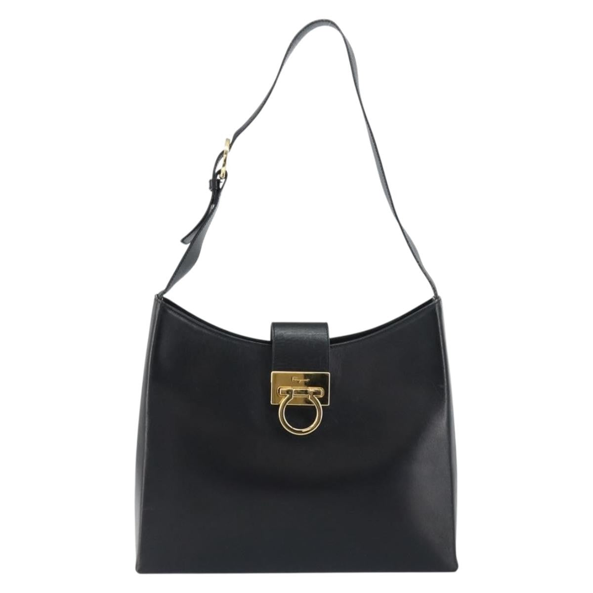 Salvatore Ferragamo Gancio Flap Hobo Leather, BLACK, LEATHER, Shoulder bag