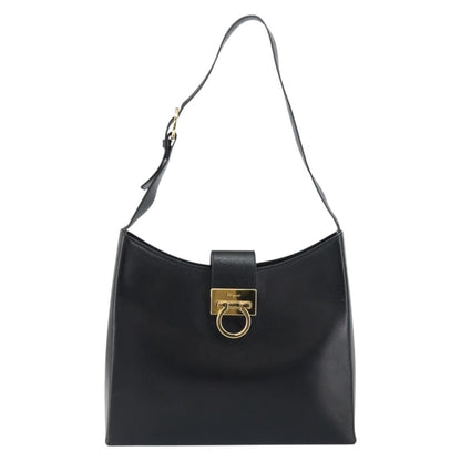 Salvatore Ferragamo Gancio Flap Hobo Leather, BLACK, LEATHER, Shoulder bag