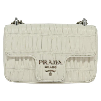 Prada Chain Flap Shoulder Bag Nappa Gaufre, WHITE, LEATHER, Shoulder bag