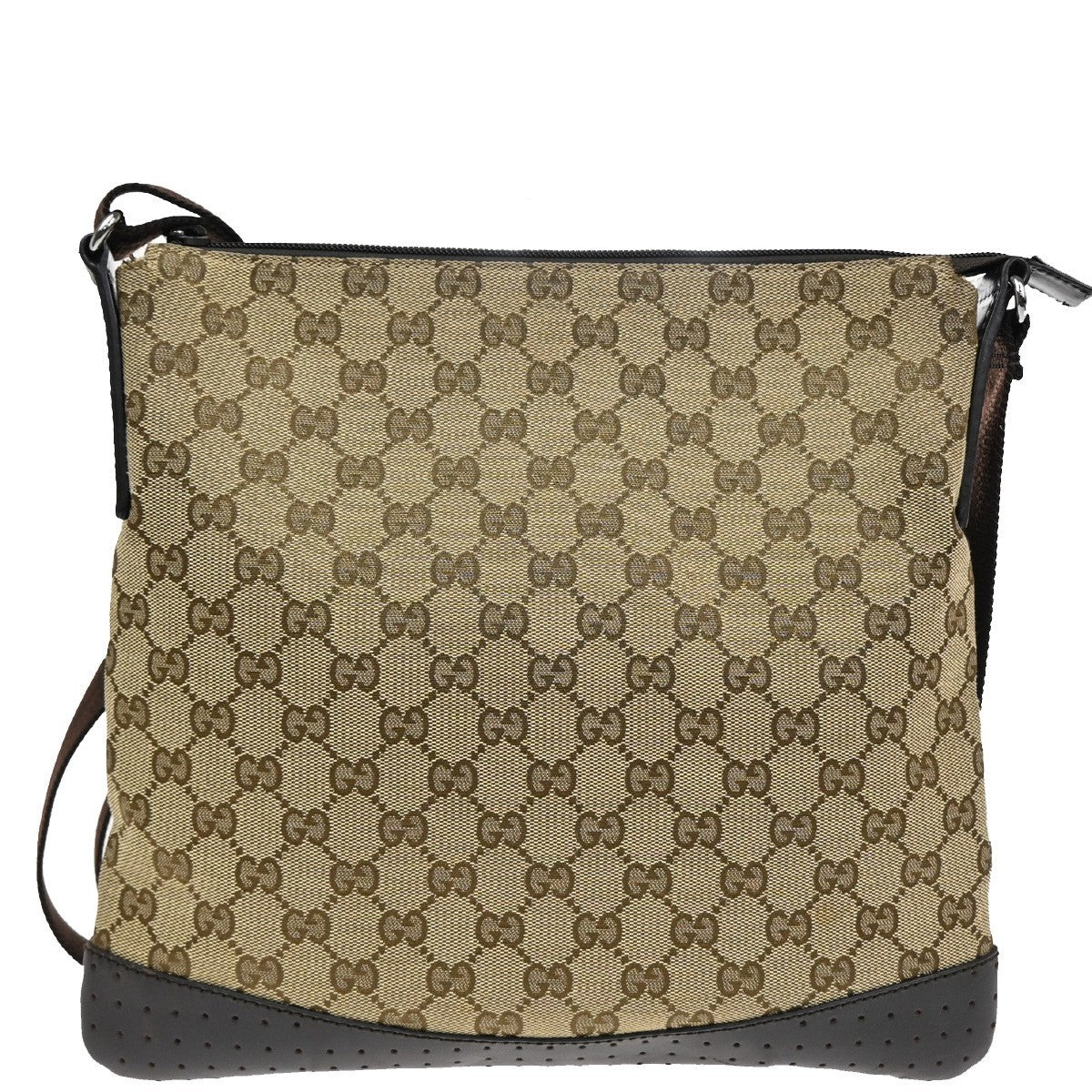 Gucci Zip Messenger Bag GG Canvas with Perforated Leather, BROWN, CANVAS, Shoulder bag