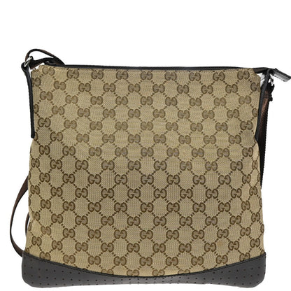 Gucci Zip Messenger Bag GG Canvas with Perforated Leather, BROWN, CANVAS, Shoulder bag