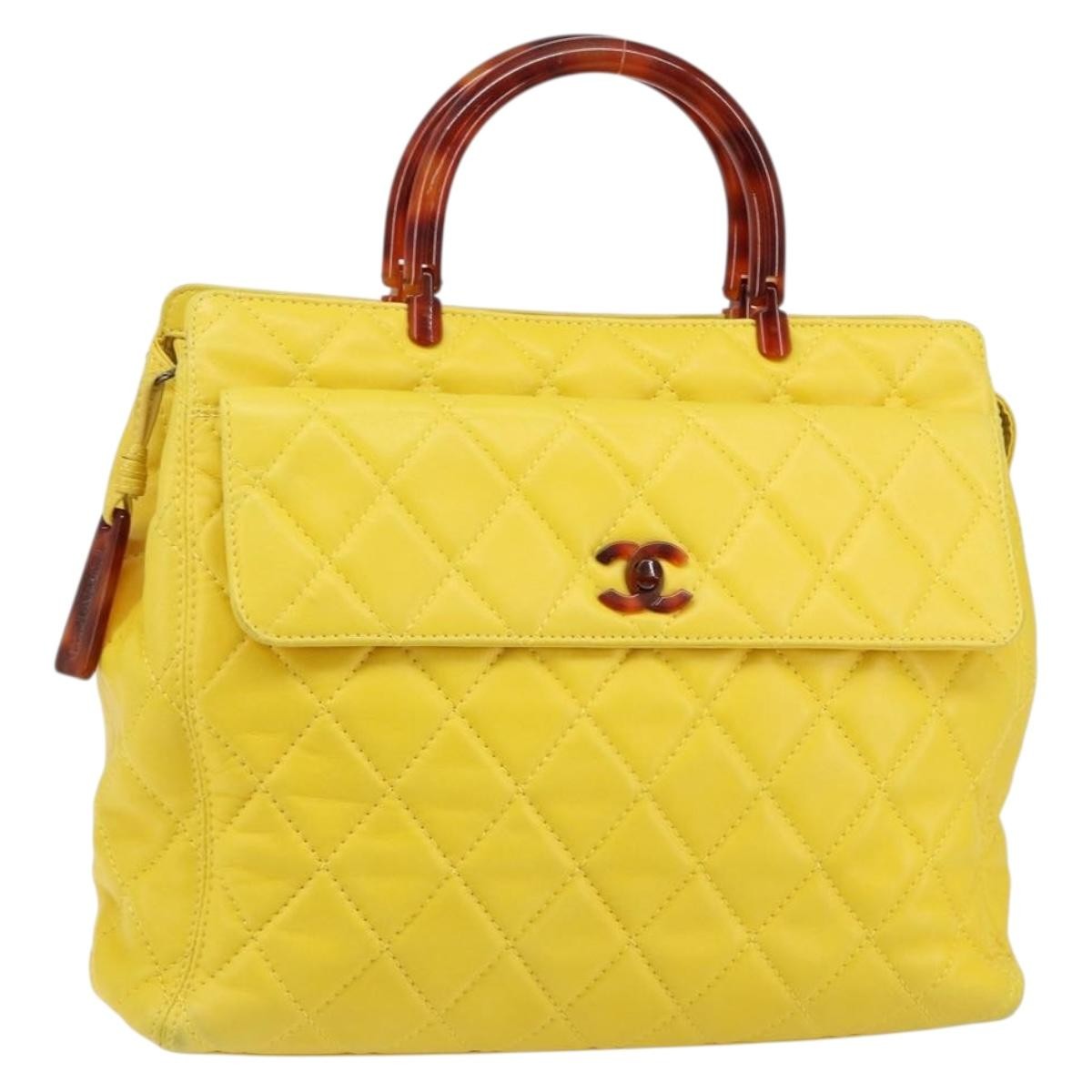 Chanel Vintage CC Resin Pocket Tote Quilted Leather, YELLOW, LEATHER, Tote bag